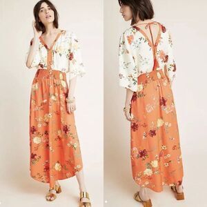 Farm Rio Anthropologie Orange Short Sleeve Kiera Maxi Dress Size XS